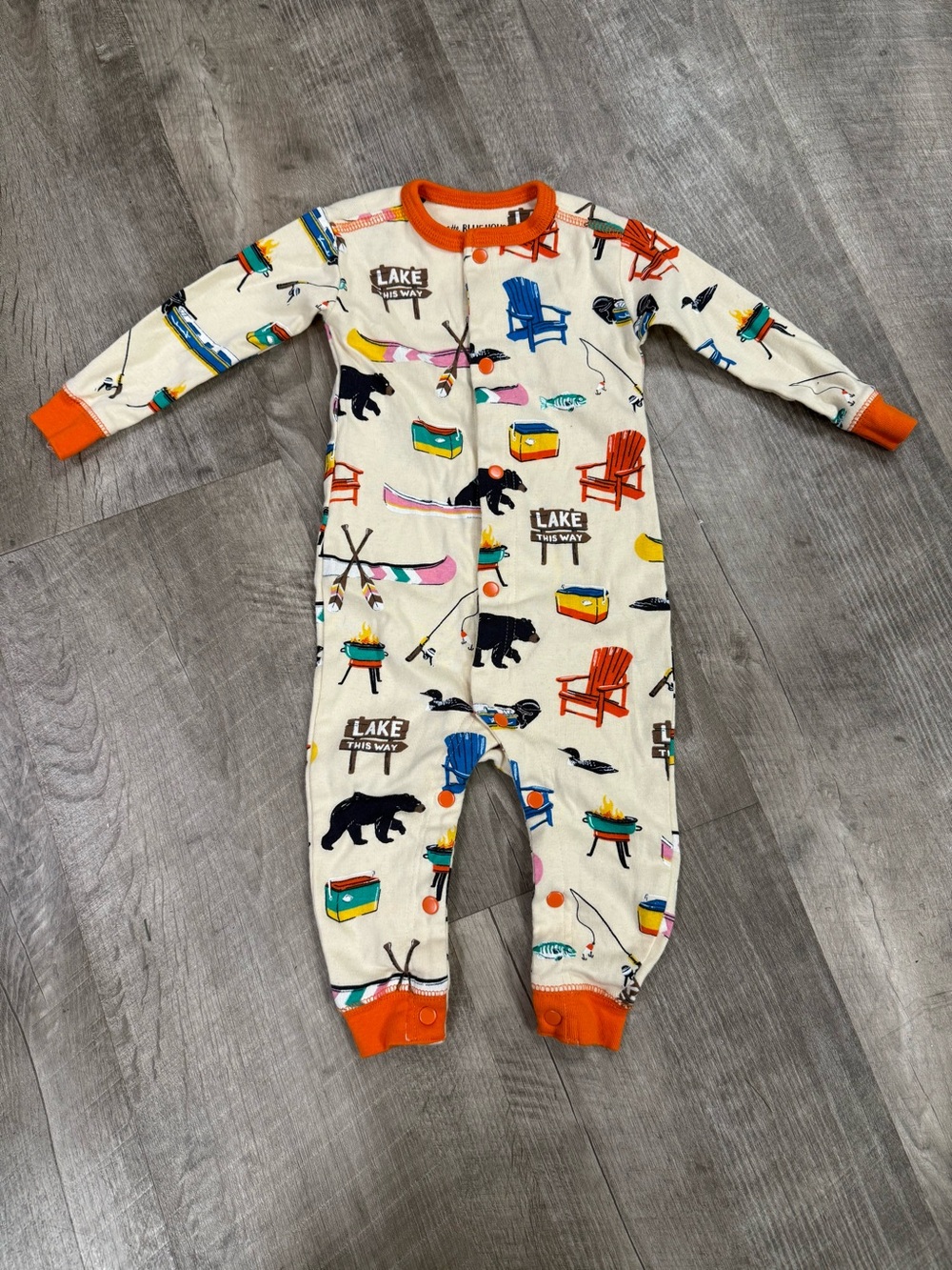 Little Blue House baby Cream Lake-Print One-Piece Pajamas with Orange Trim